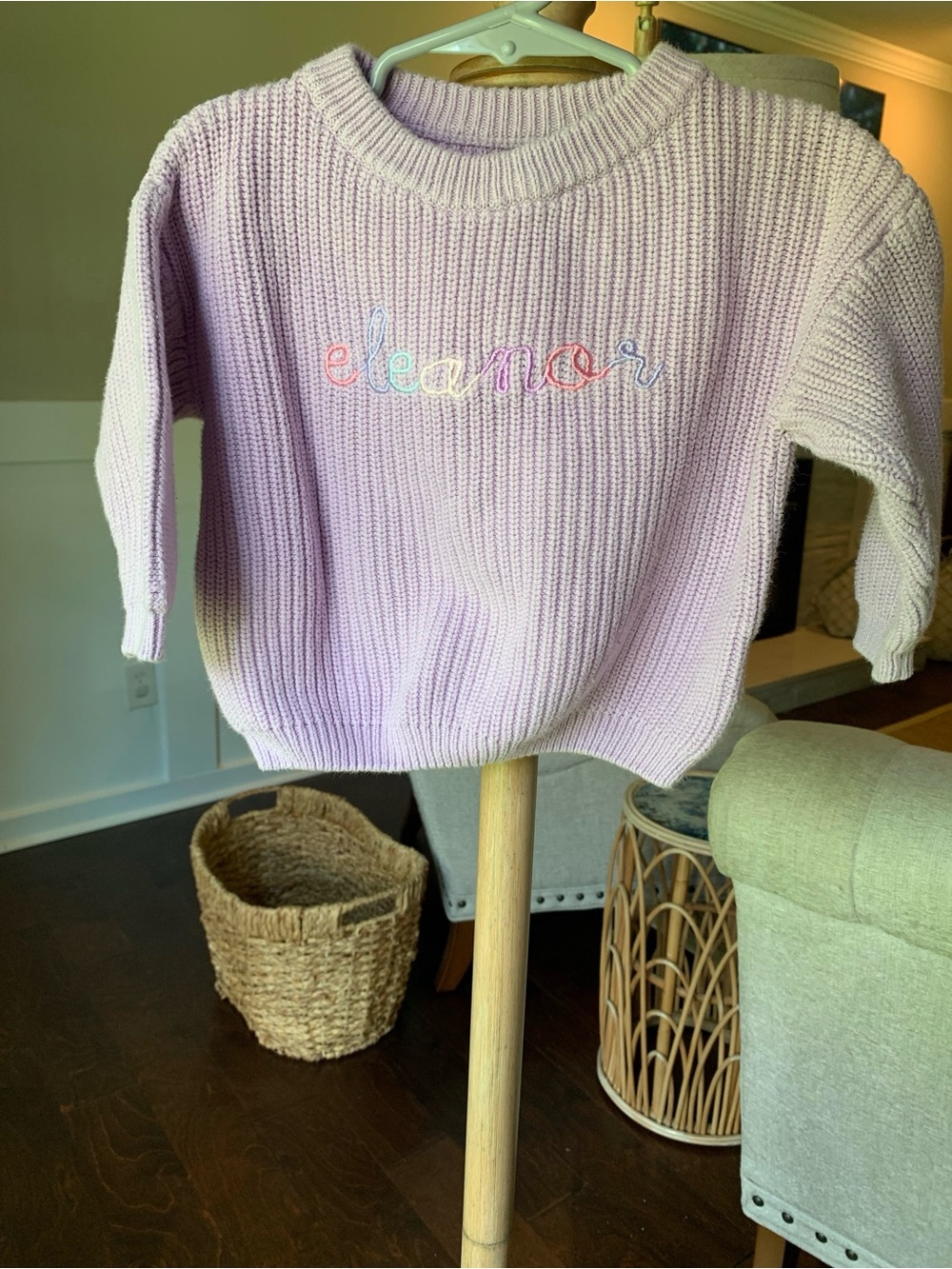 “Eleanor” Lavender Knit Sweater with Rainbow Embroidery